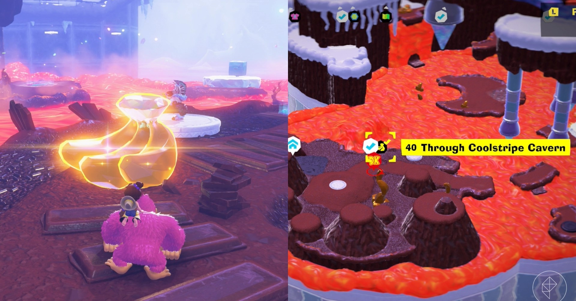 Donkey Kong walks down a dirt path and interacts with a batch of bananas while looking for Freezer layer bananas in a split image map that shows Freezer banandium gem locations in Donkey Kong Bananza