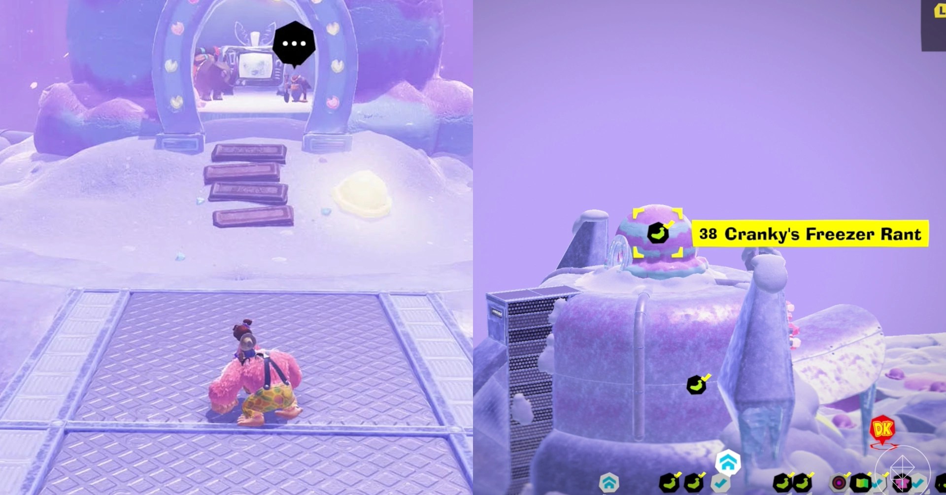 Donkey Kong stands in on a metal plate in the snow in front of a snowy frozen arch while looking for Freezer layer bananas in a split image map that shows Freezer banandium gem locations in Donkey Kong Bananza
