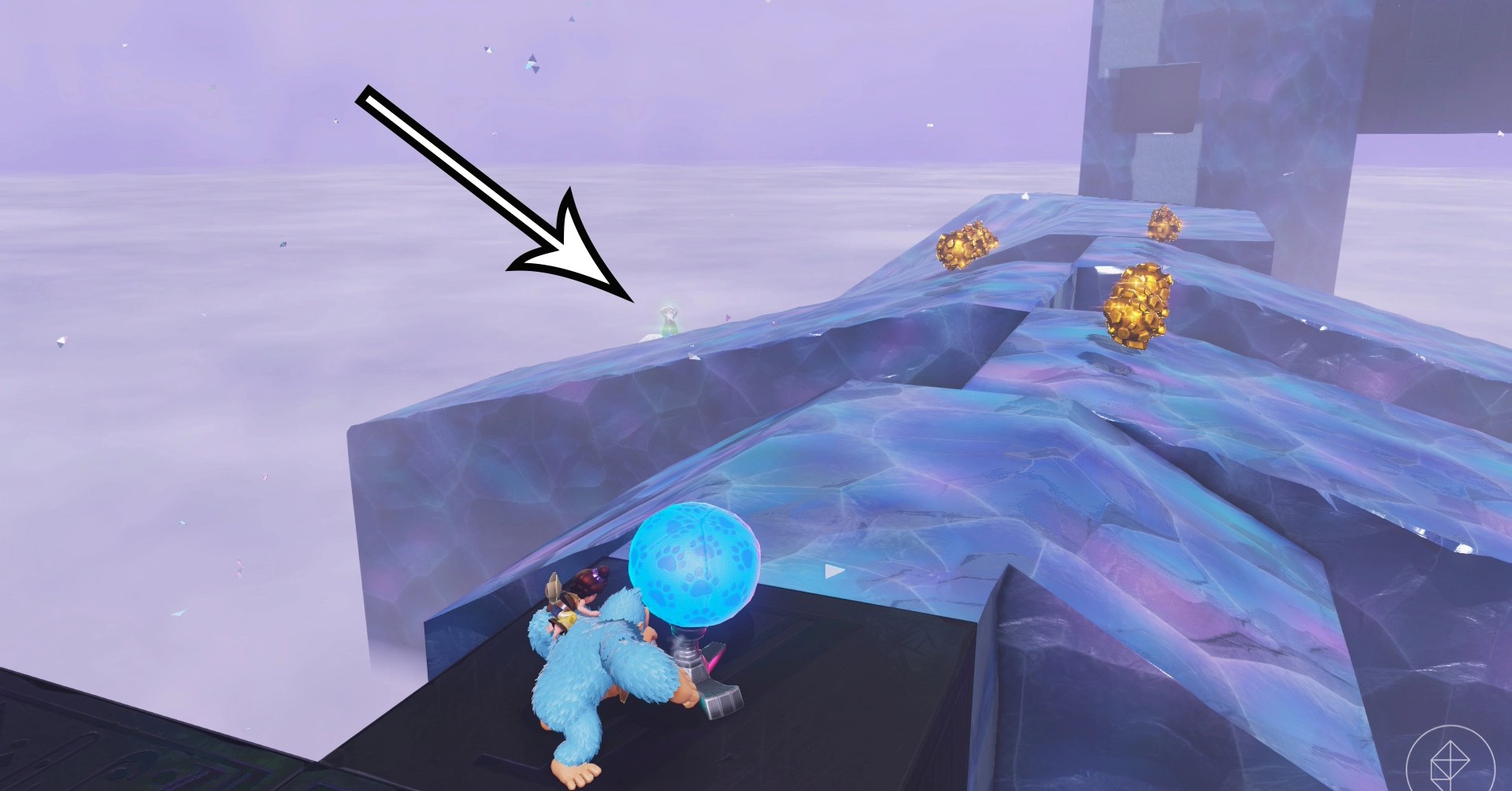 Donkey Kong navigates a frozen structure above the clouds while looking for golden bananas in the Freezer Layer in Donkey Kong Bananza