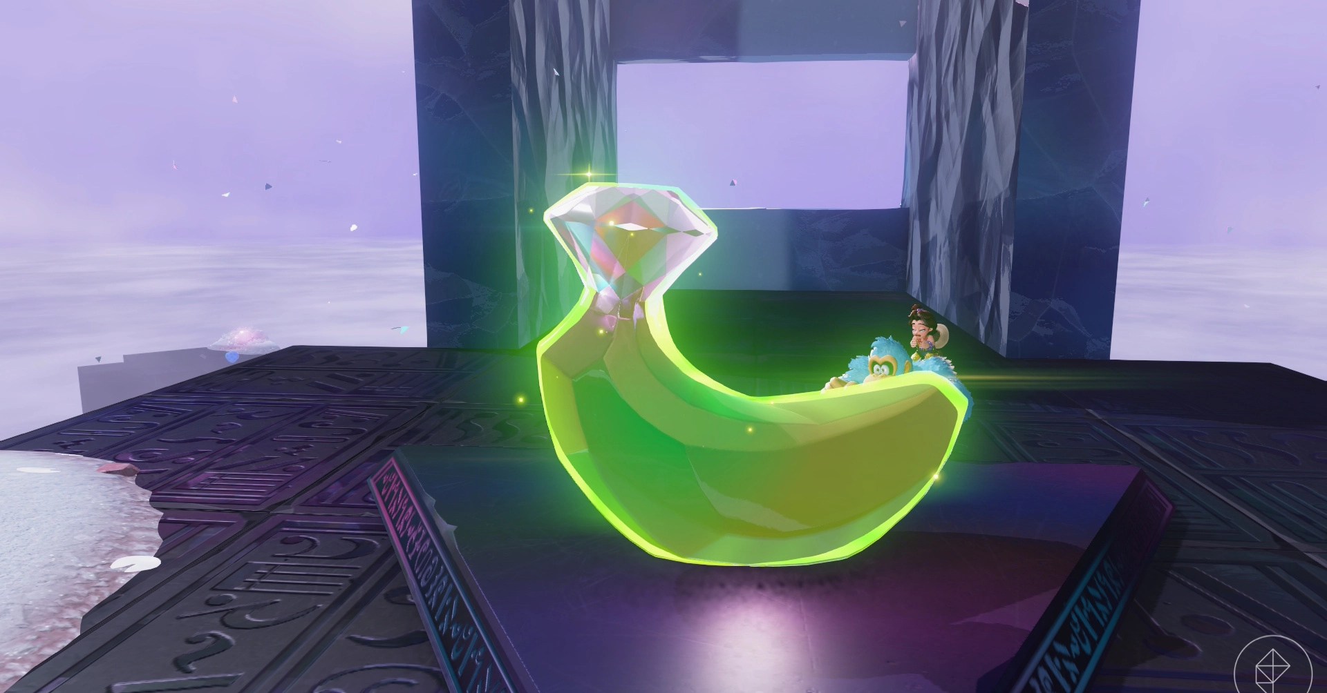 Donkey Kong stands next to a giant golden banana while looking for golden frozen bananas in Donkey Kong Bananza freezer layer