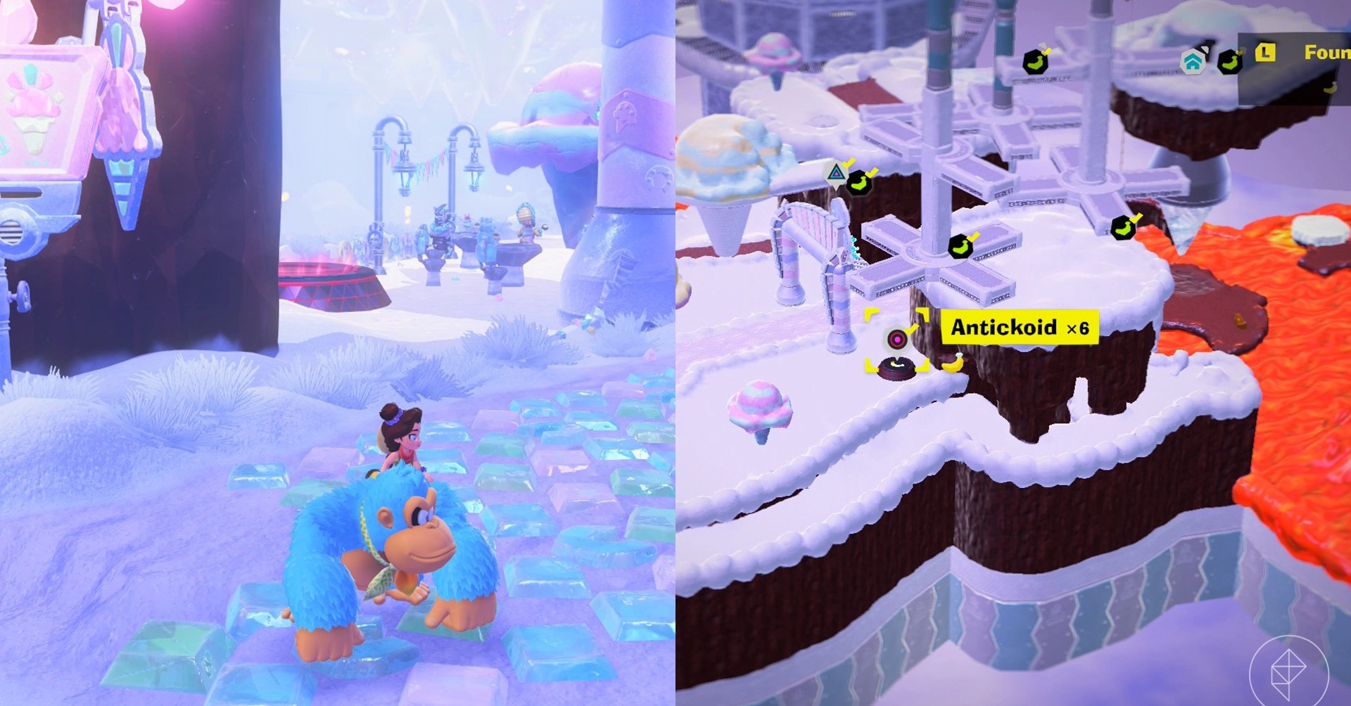 Donkey Kong stands on snow and ice by a cliff while looking for Freezer layer bananas in a split image map that shows Freezer banandium gem locations in Donkey Kong Bananza