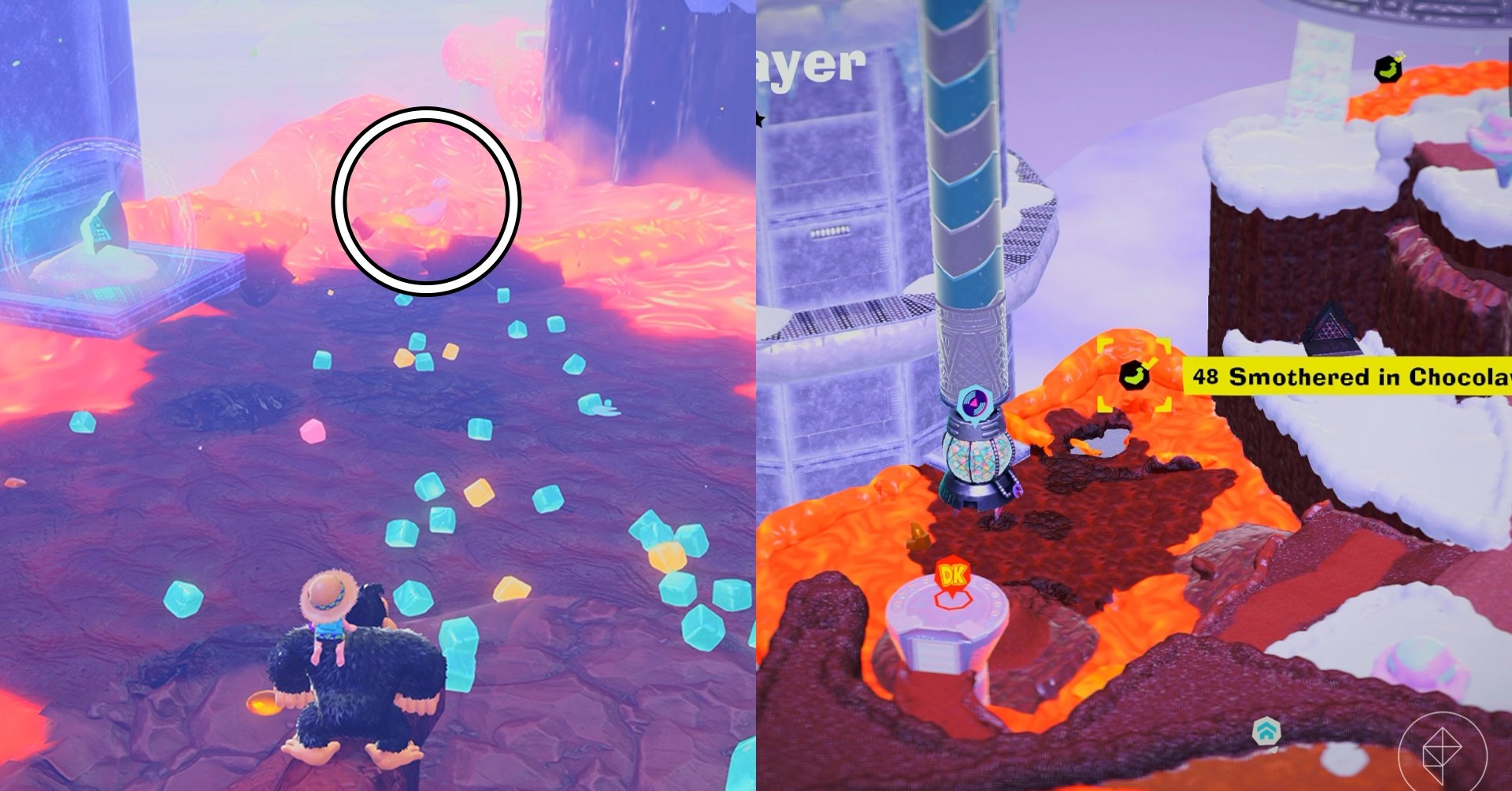 Donkey Kong runs down a dirt part with gems and lava between ice cliffs while looking for Freezer layer bananas in a split image map that shows Freezer banandium gem locations in Donkey Kong Bananza