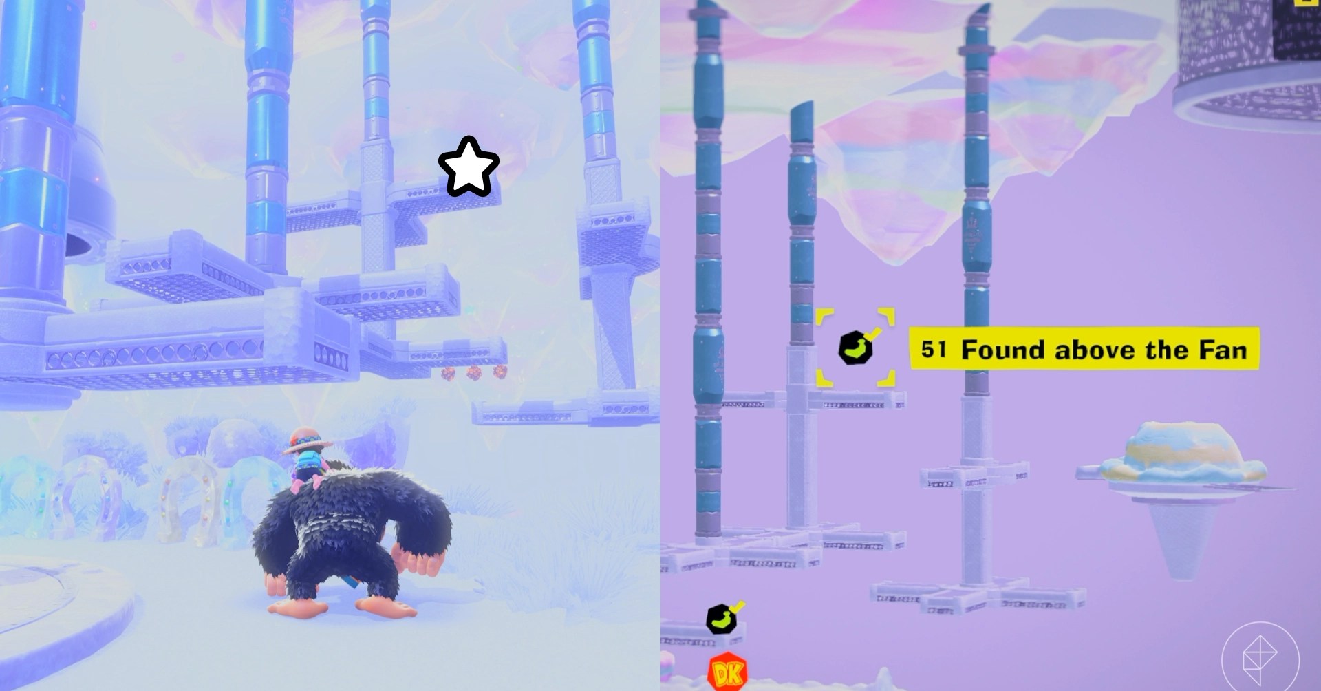 Donkey Kong looks at a series of floating ramparts and structures while looking for Freezer layer bananas in a split image map that shows Freezer banandium gem locations in Donkey Kong Bananza