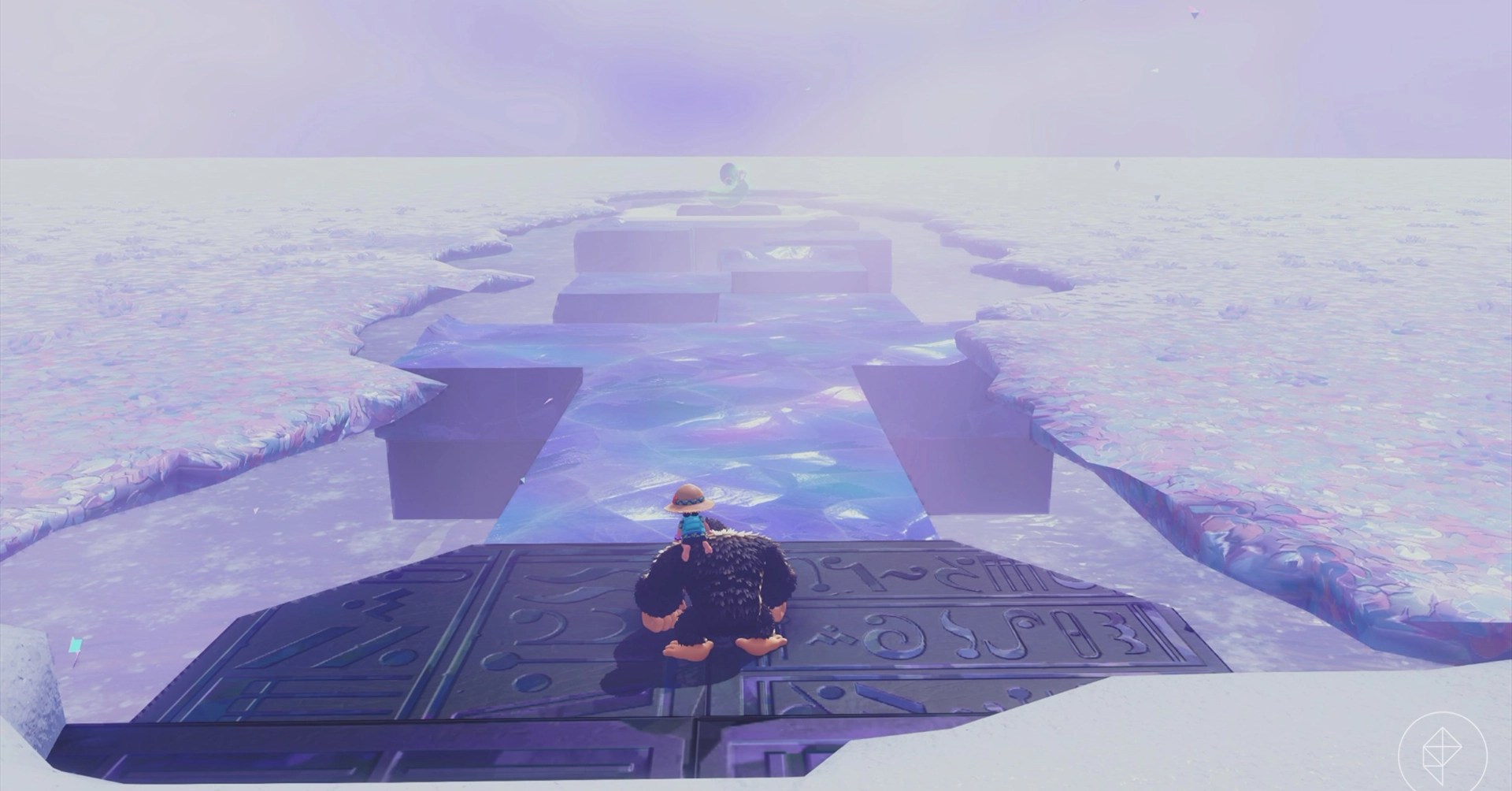 Donkey Kong gazes out over a frozen bridge that leads to Golden Banana Banandium Gem in the freezer layer in Donkey Kong Bananza
