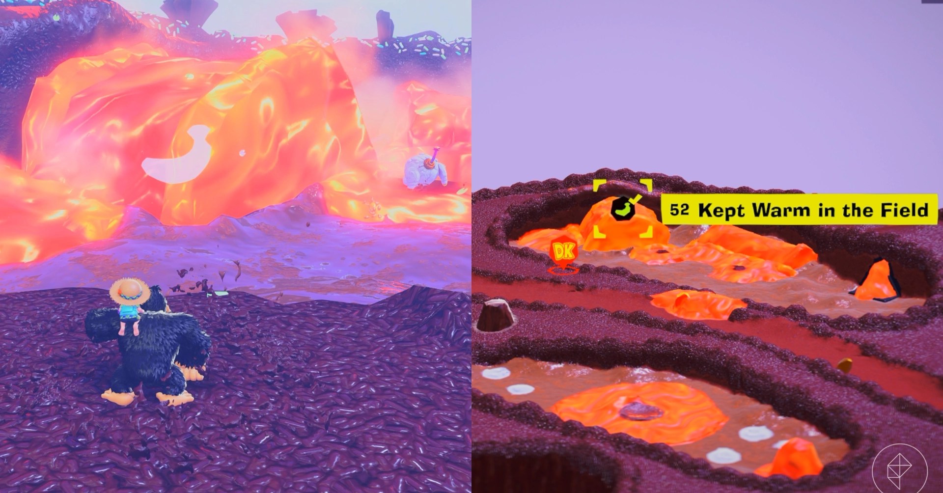 Donkey Kong looks at lava near a dirt field while looking for Freezer layer bananas in a split image map that shows Freezer banandium gem locations in Donkey Kong Bananza