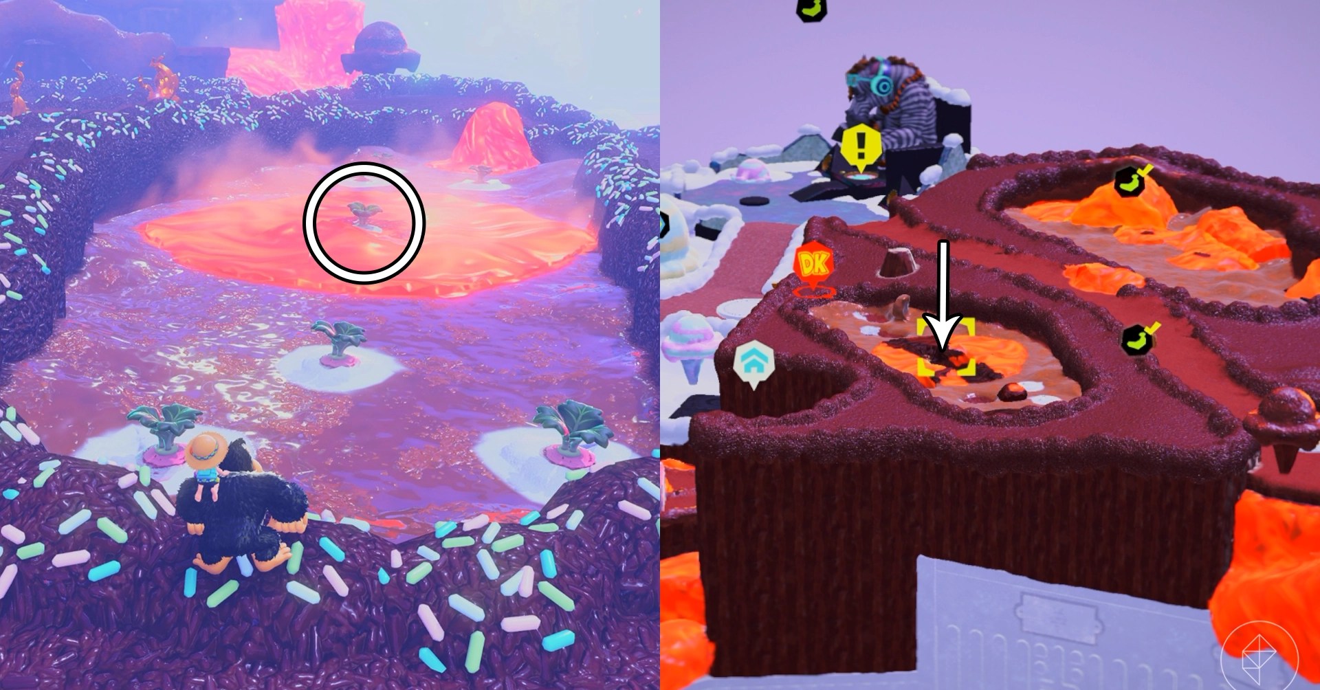 Donkey Kong stares at a lava lake while looking for Freezer layer bananas in a split image map that shows Freezer banandium gem locations in Donkey Kong Bananza