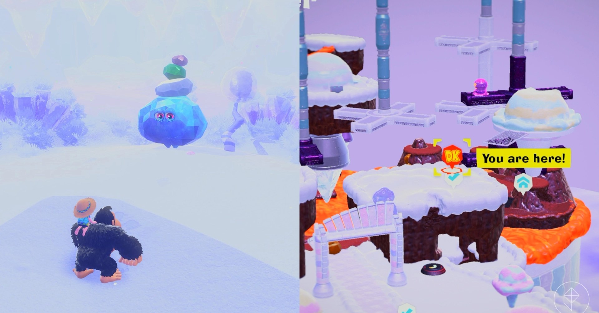 Donkey Kong stares at floating colorful rocks while hunting for Freezer layer bananas in a split image map that shows Freezer banandium gem locations in Donkey Kong Bananza