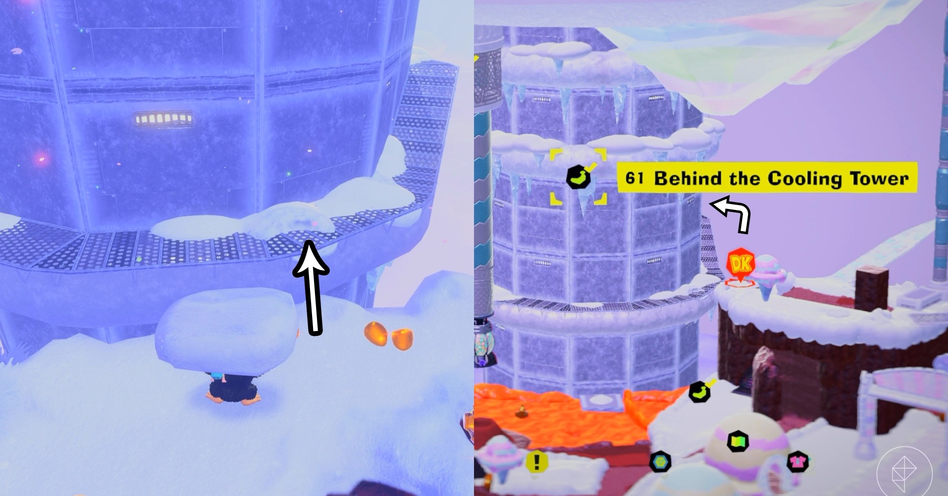 Donkey Kong holds a giant chunk of ice in front of a steel structure cooling tower while looking for Freezer layer bananas in a split image map that shows Freezer banandium gem locations in Donkey Kong Bananza