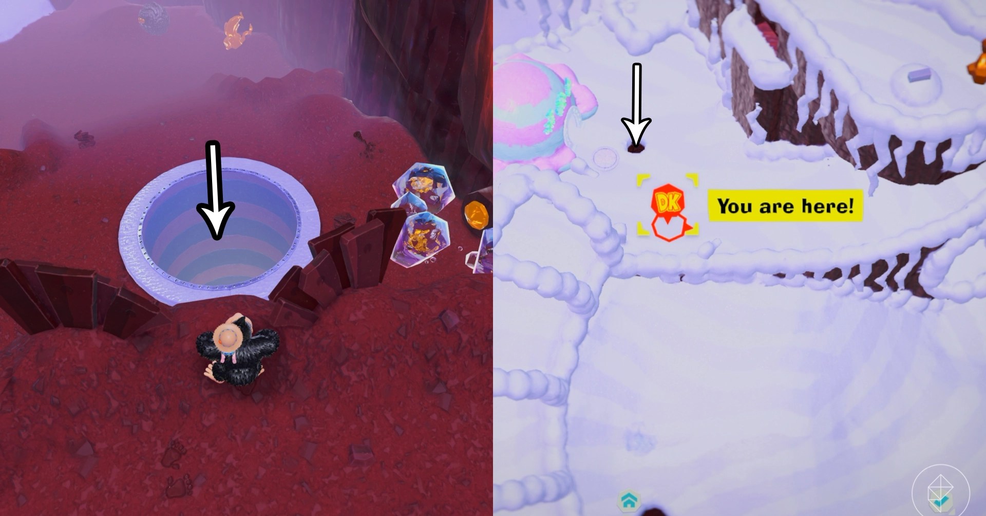 Donkey Kong stares at a vertical tunnel while looking for Freezer layer bananas in a split image map that shows Freezer banandium gem locations in Donkey Kong Bananza