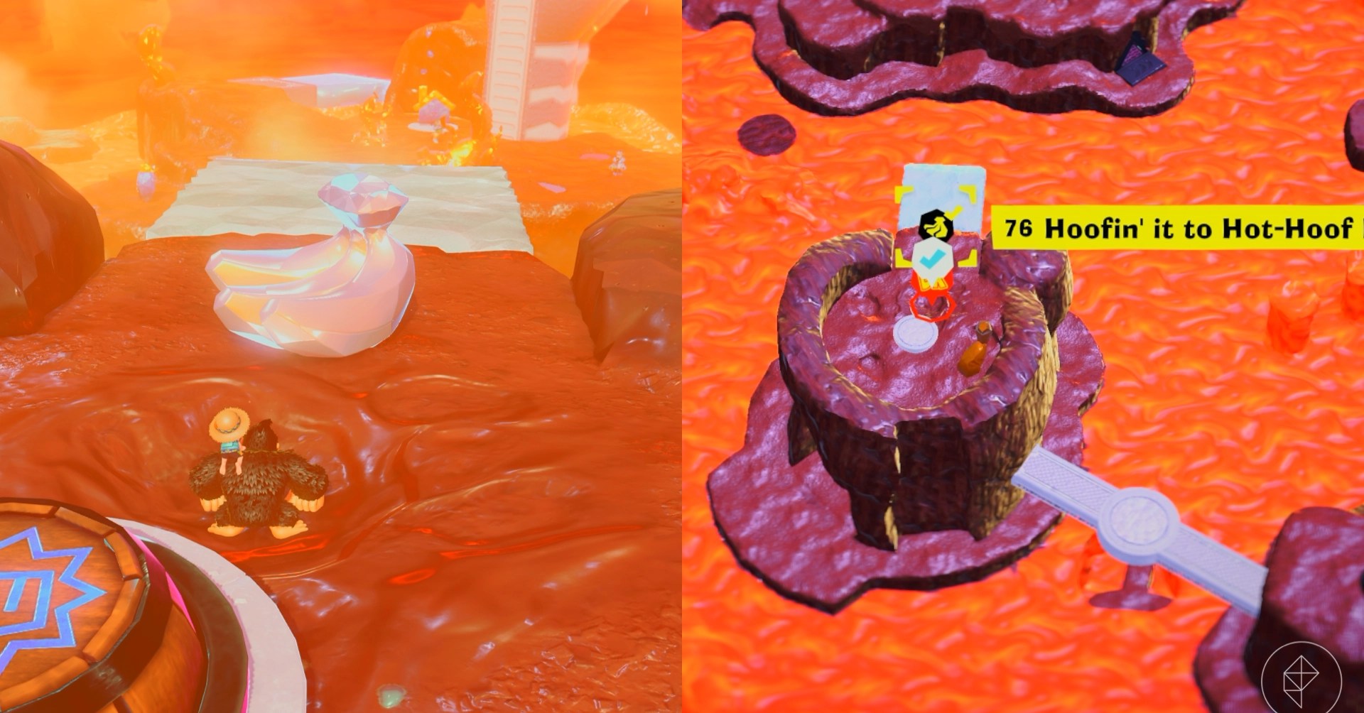 Donkey Kong stands in melted chocolate in front of a trio of bananas while looking for Freezer layer bananas in a split image map that shows Freezer banandium gem locations in Donkey Kong Bananza