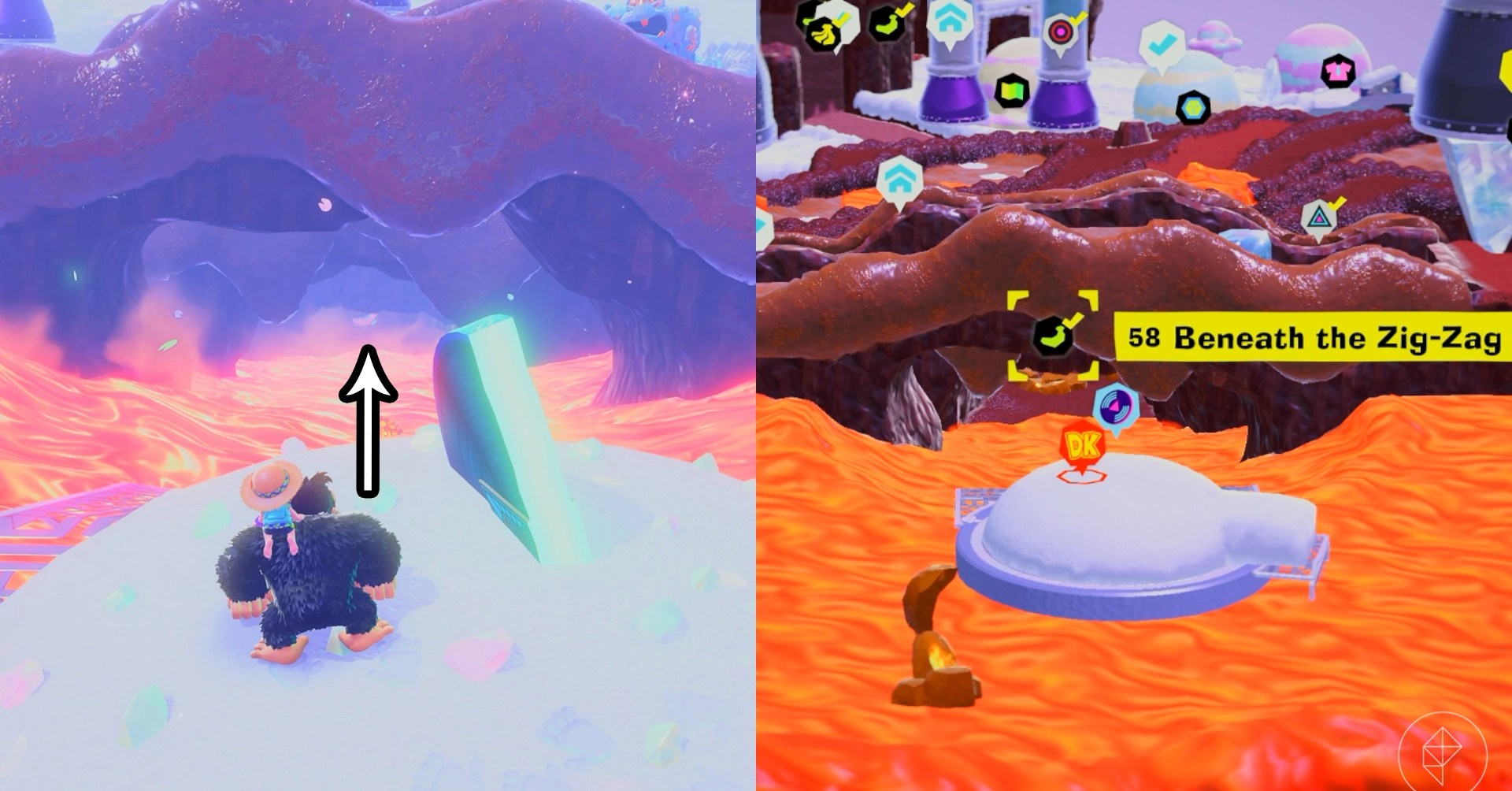 Donkey Kong stands in the snow while looking for Freezer layer bananas in a split image map that shows Freezer banandium gem locations in Donkey Kong Bananza