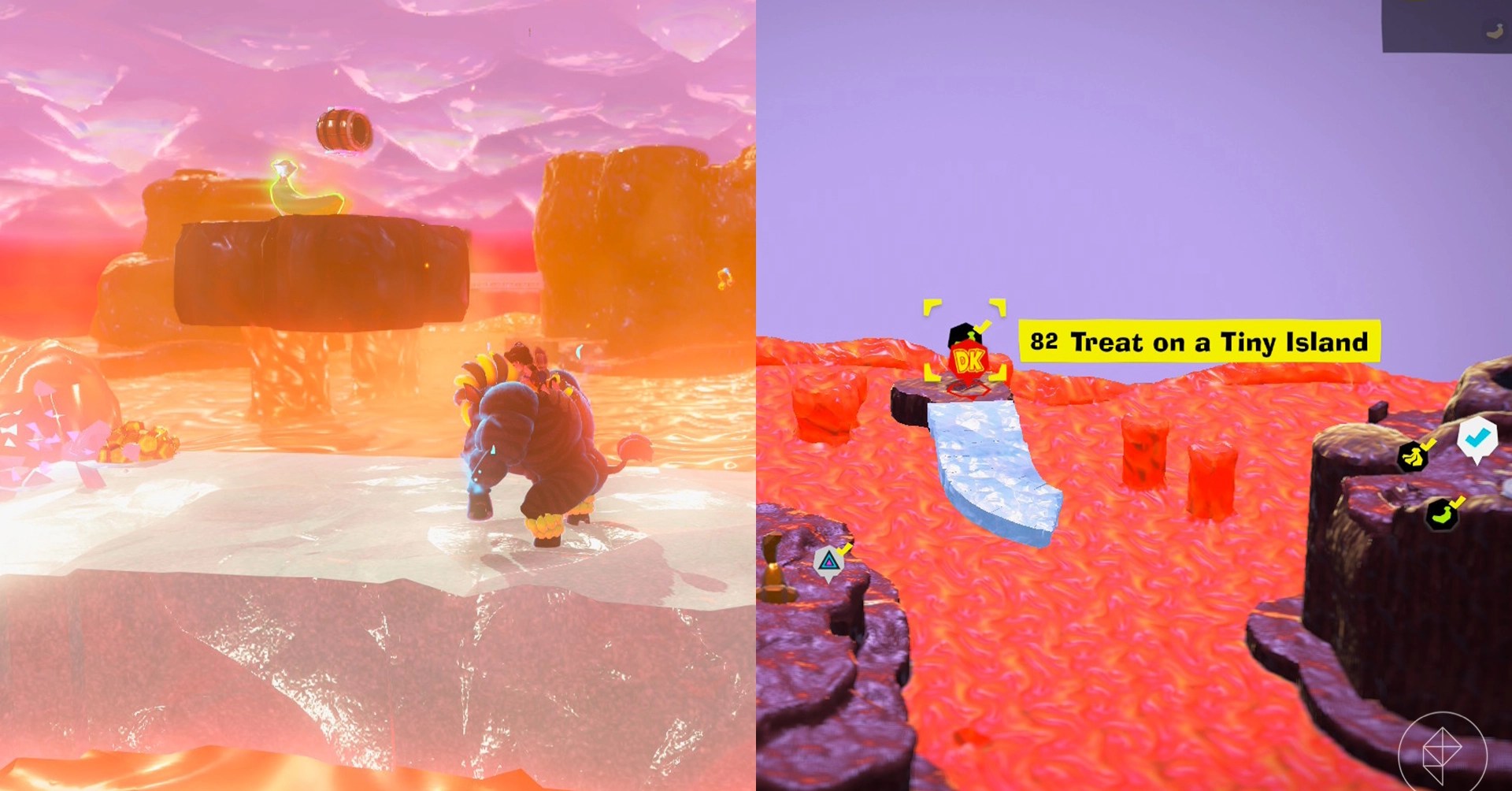 Donkey Kong stands on a frozen platform above a lava river while looking for Freezer layer bananas in a split image map that shows Freezer banandium gem locations in Donkey Kong Bananza