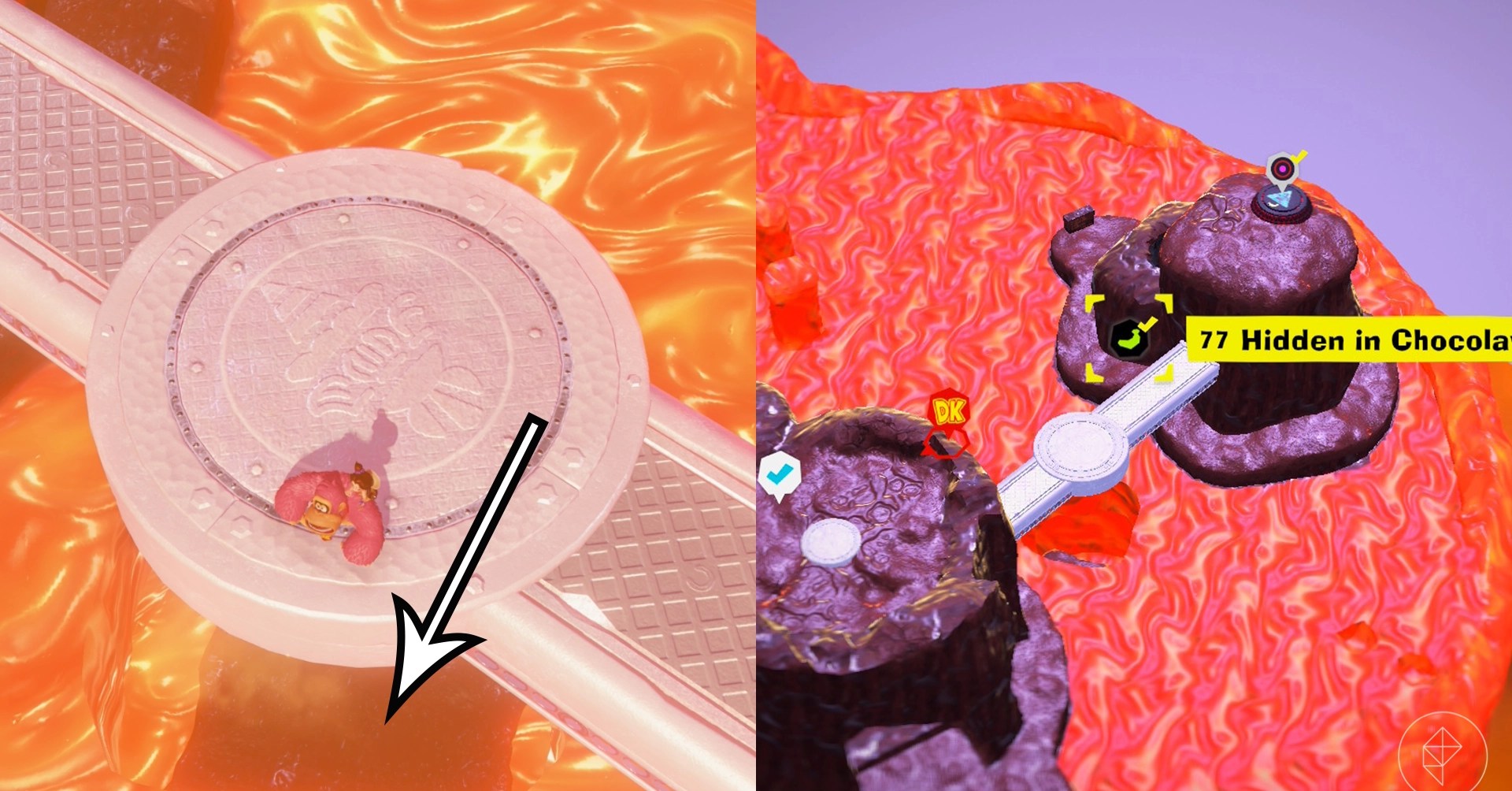 Donkey Kong stands on a platform above molten chocolate while looking for Freezer layer bananas in a split image map that shows Freezer banandium gem locations in Donkey Kong Bananza