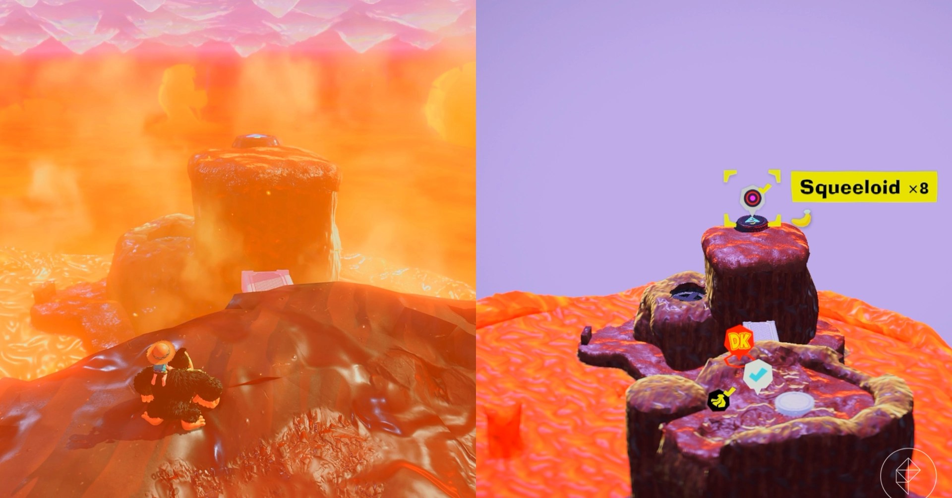 Donkey Kong stands in molten chocolate and looks at lava while looking for Freezer layer bananas in a split image map that shows Freezer banandium gem locations in Donkey Kong Bananza