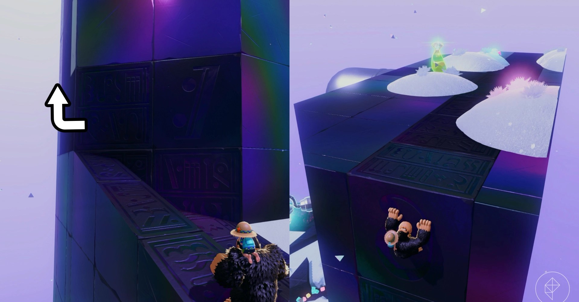 Donkey Kong navigates a stone structure in a split image showing where to find Freezer Layer Banandium gems in Donkey Kong Bananza