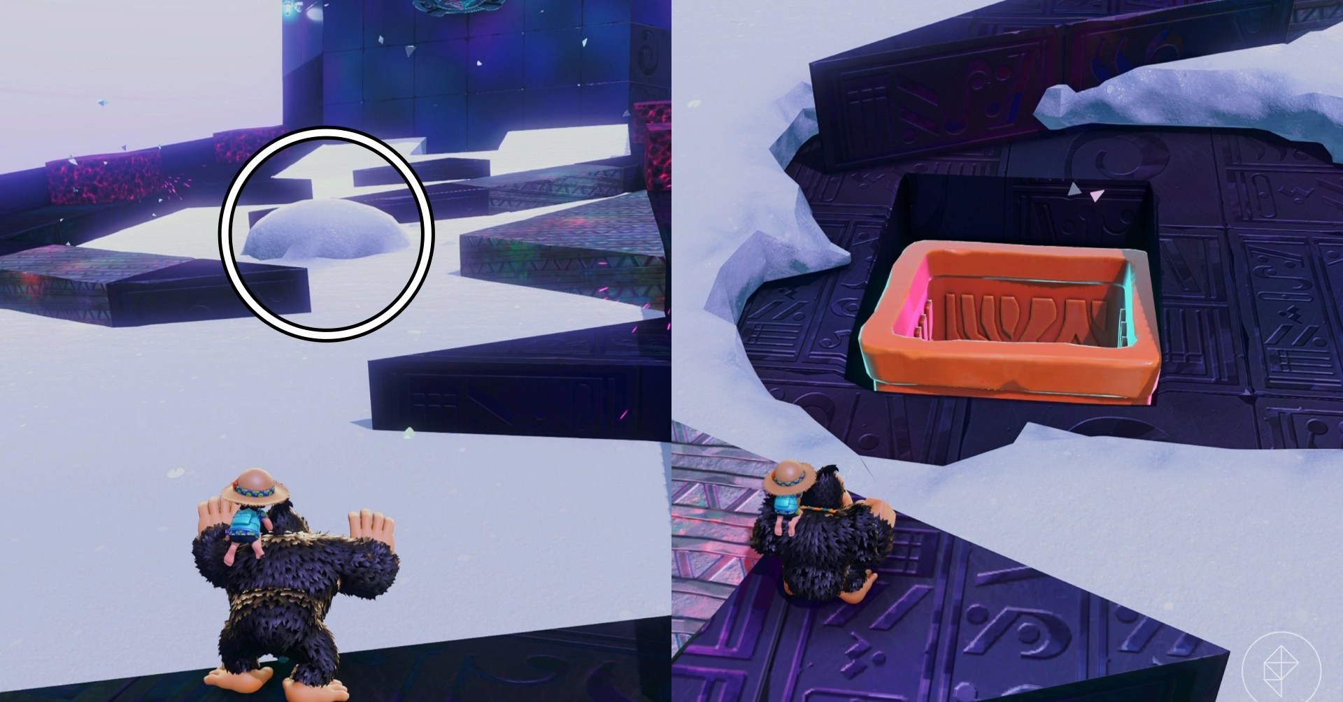 Donkey Kong runs through an area of snow and stone triangular platforms in a split image showing where to find Donkey Kong Bananza bananas in Freezer layer