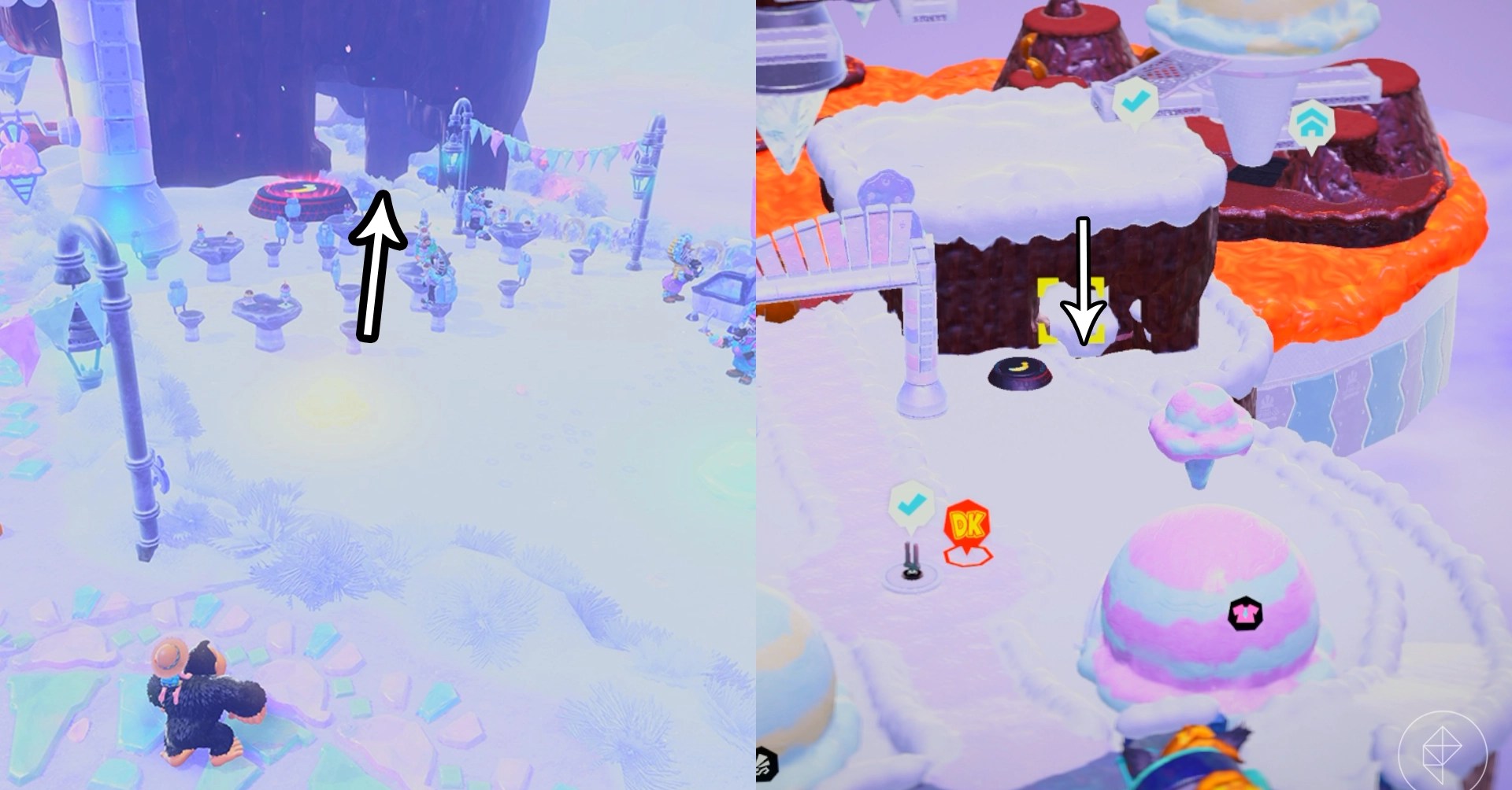 Donkey Kong stands in the snow while looking for Freezer layer bananas in a split image map that shows Freezer banandium gem locations in Donkey Kong Bananza