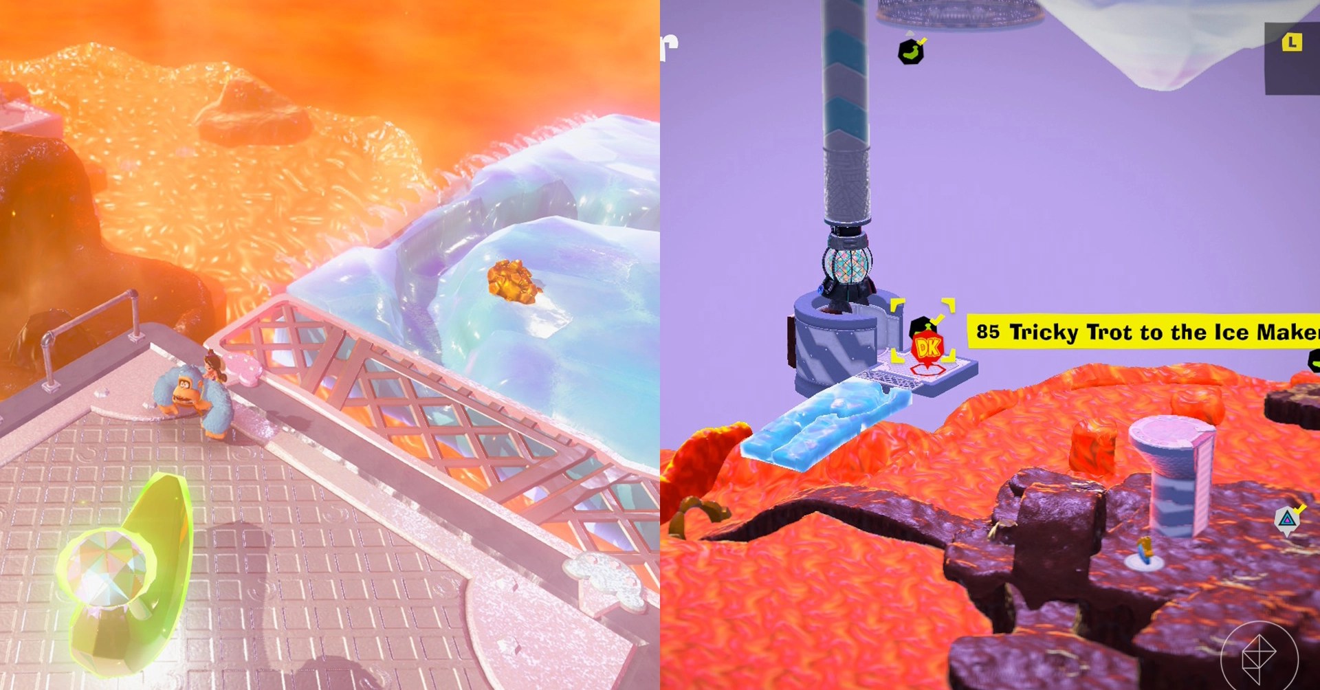 Donkey Kong stands beneath a golden banana banandium gem on a steel platform while looking for Freezer layer bananas in a split image map that shows Freezer banandium gem locations in Donkey Kong Bananza