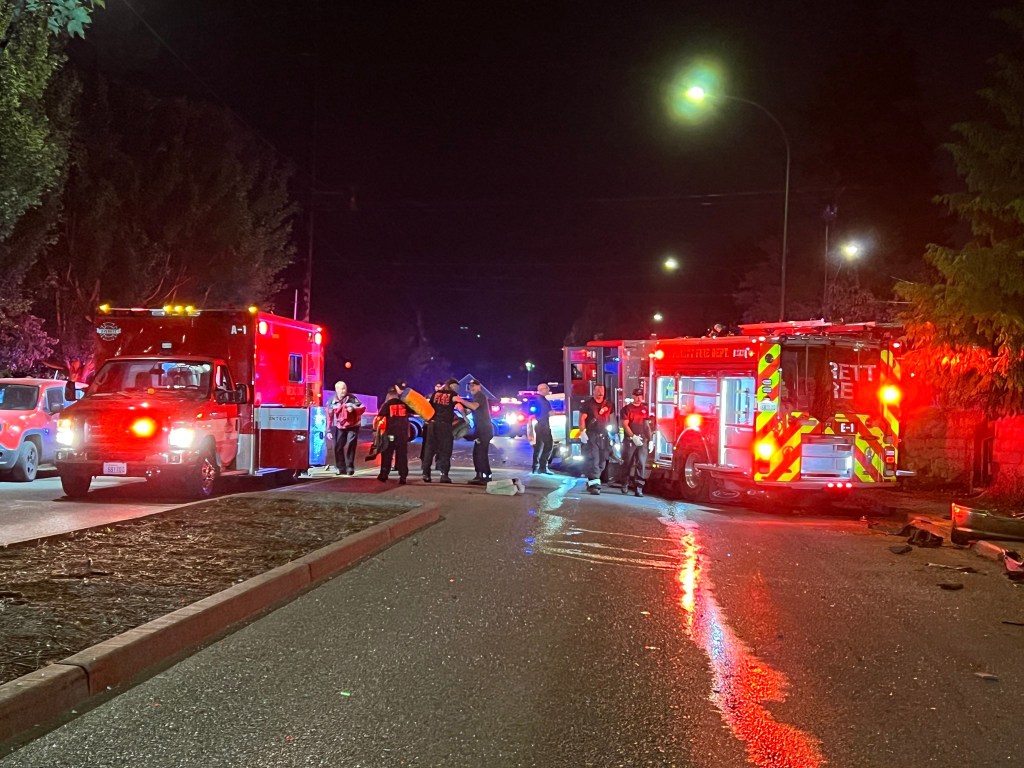 Emergency responders at a nighttime accident scene.