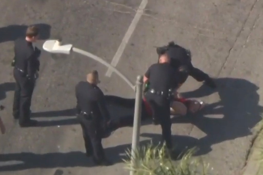 Police officers arresting a suspect on the ground.