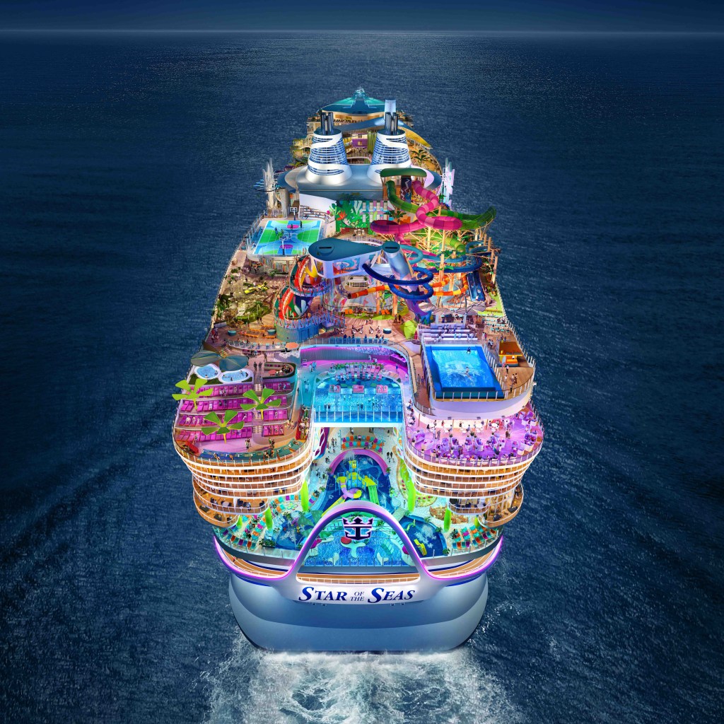 Illustration of the Star of the Seas cruise ship at night.
