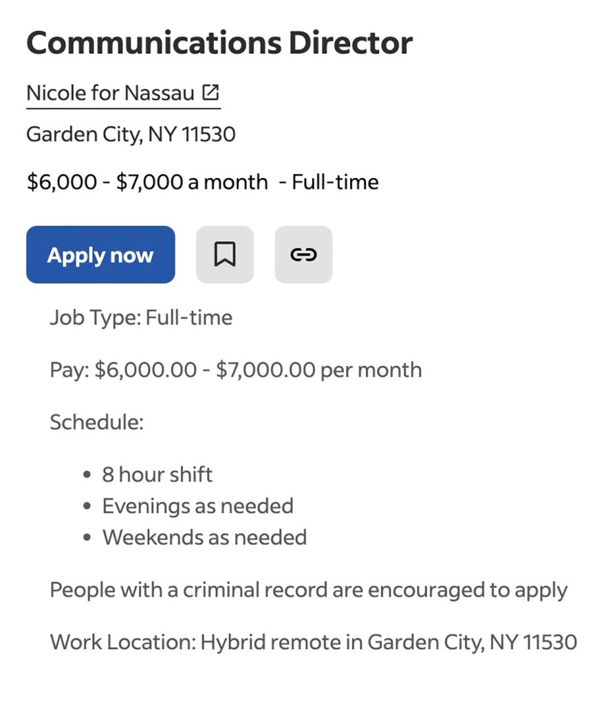 Job posting for Communications Director at Nicole for Nassau.