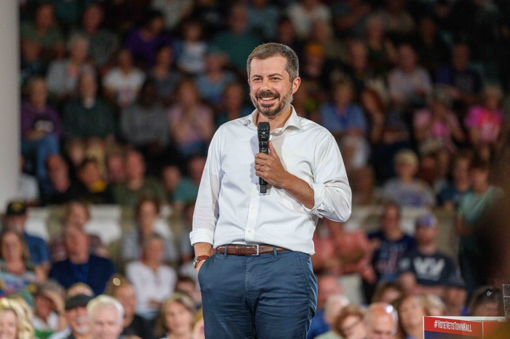 Pete Buttigieg speaking at a town hall.