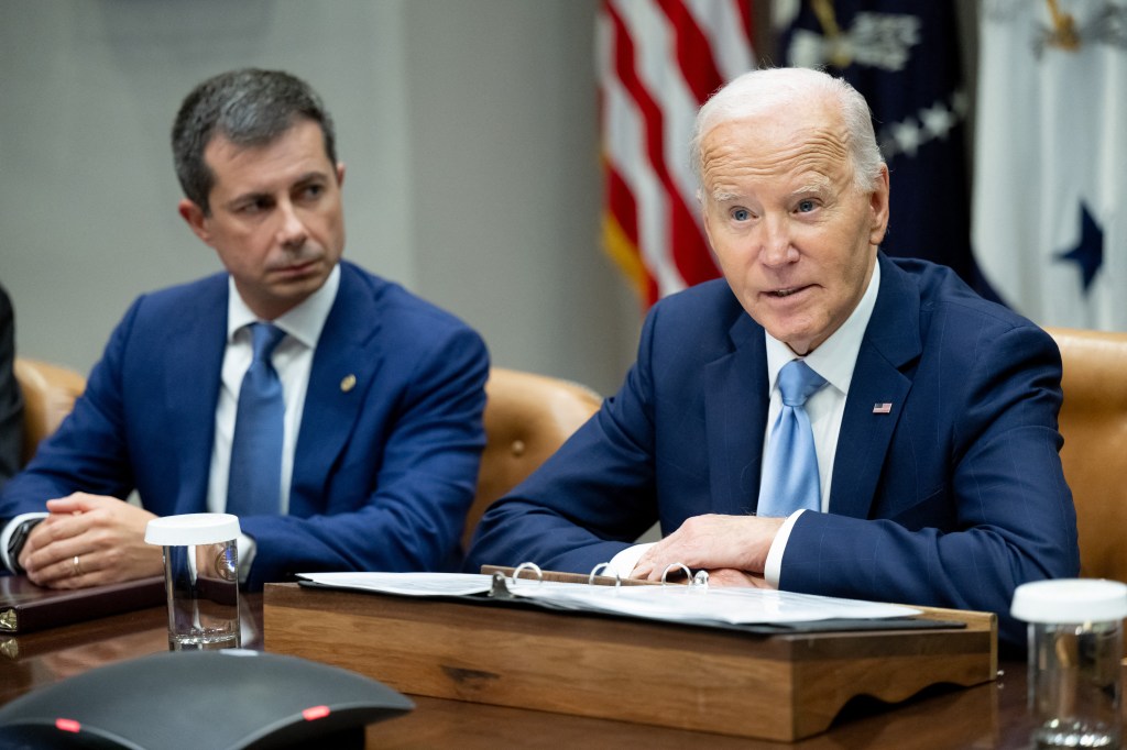 President Biden speaking at a briefing with Pete Buttigieg.