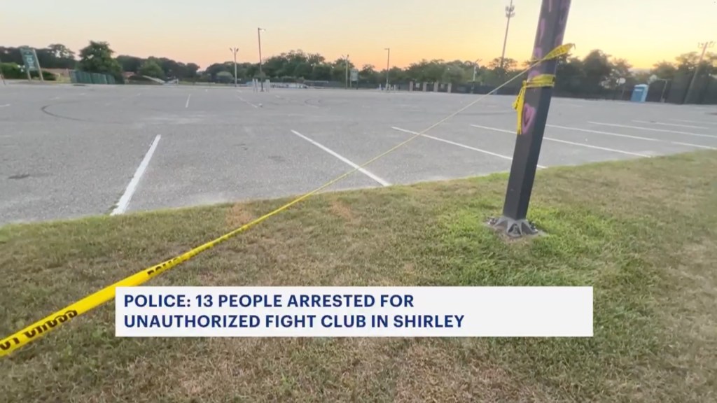 Police tape at the scene of an unauthorized fight club in Shirley, where 13 people were arrested.