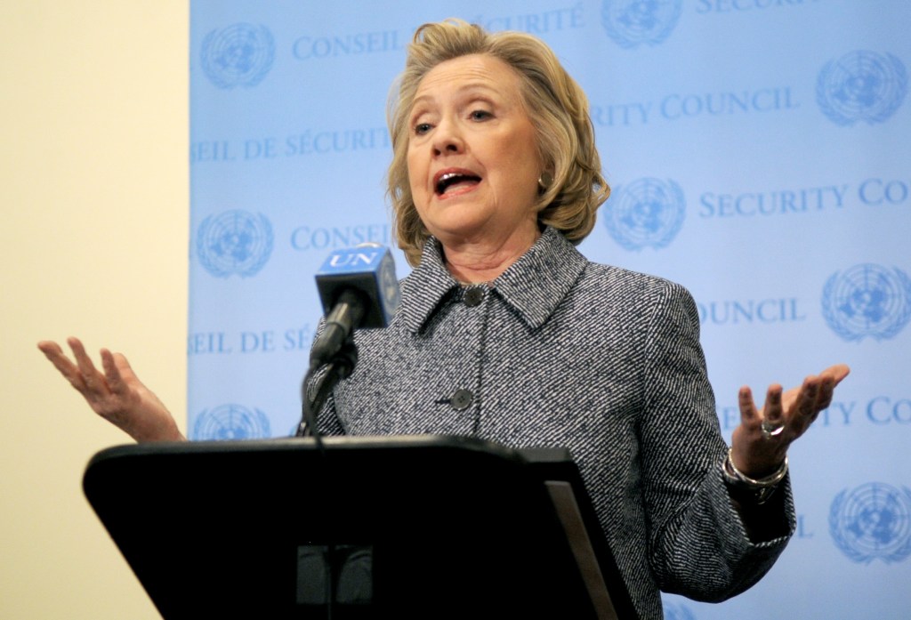 Hillary Clinton at a press conference.