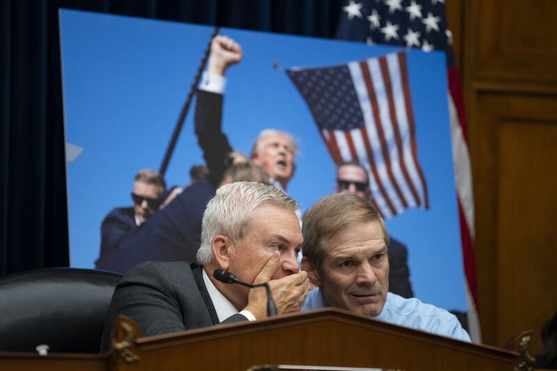 James Comer speaks with Jim Jordan during a House of Representatives Oversight Committee hearing on July 22, 2024 on the attempted assassination of then-former President Donald Trump.