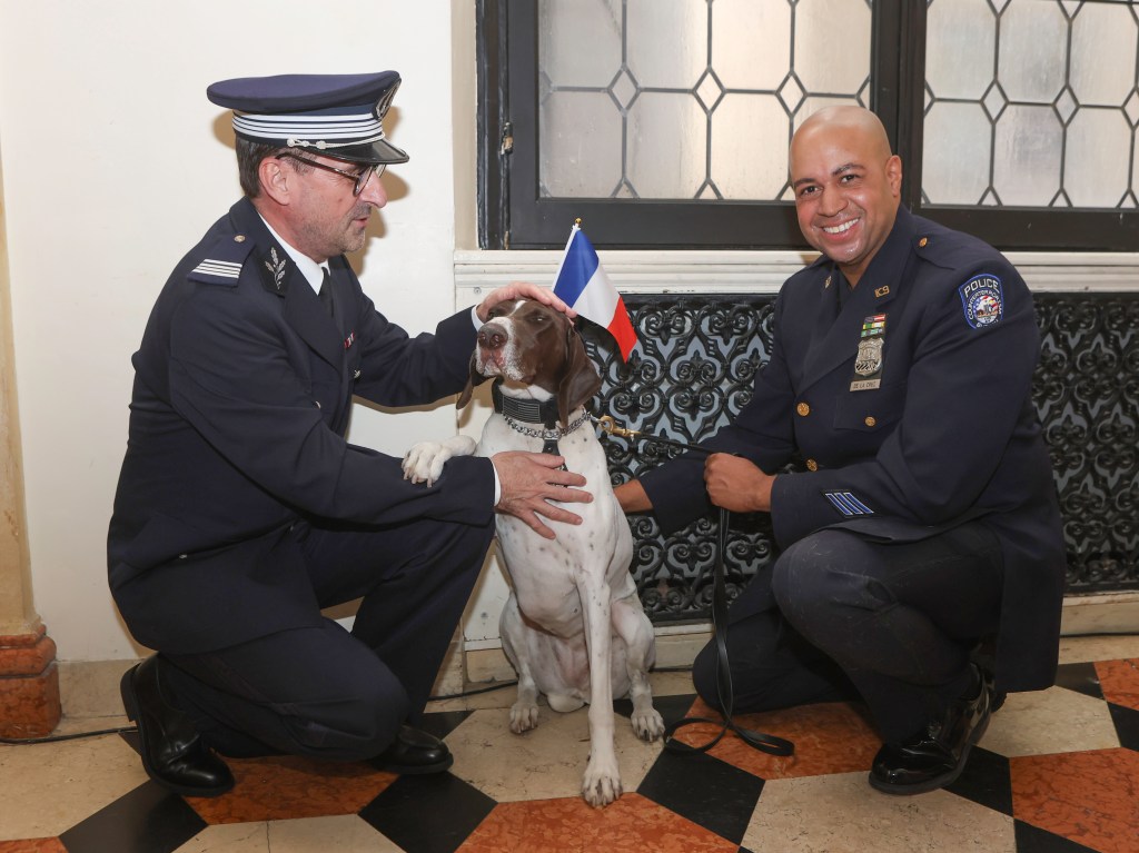 NYPD and French National Police officers with a K9 at an award ceremony.