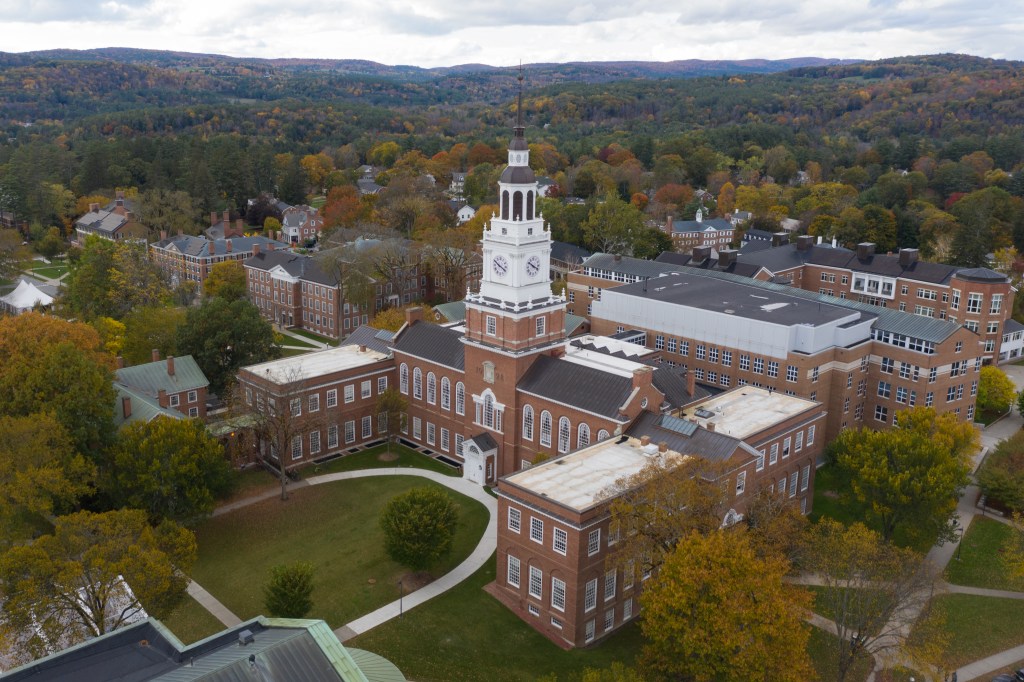 Aerial view of Dartmouth College campus in autumn.