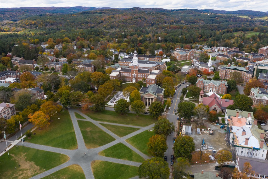 Aerial view of Dartmouth College campus in autumn.