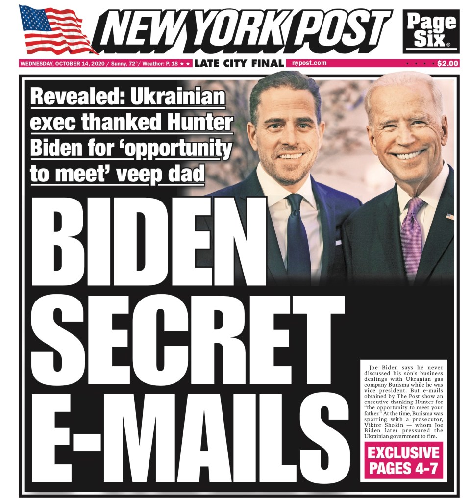 New York Post front page; Biden secret emails.
