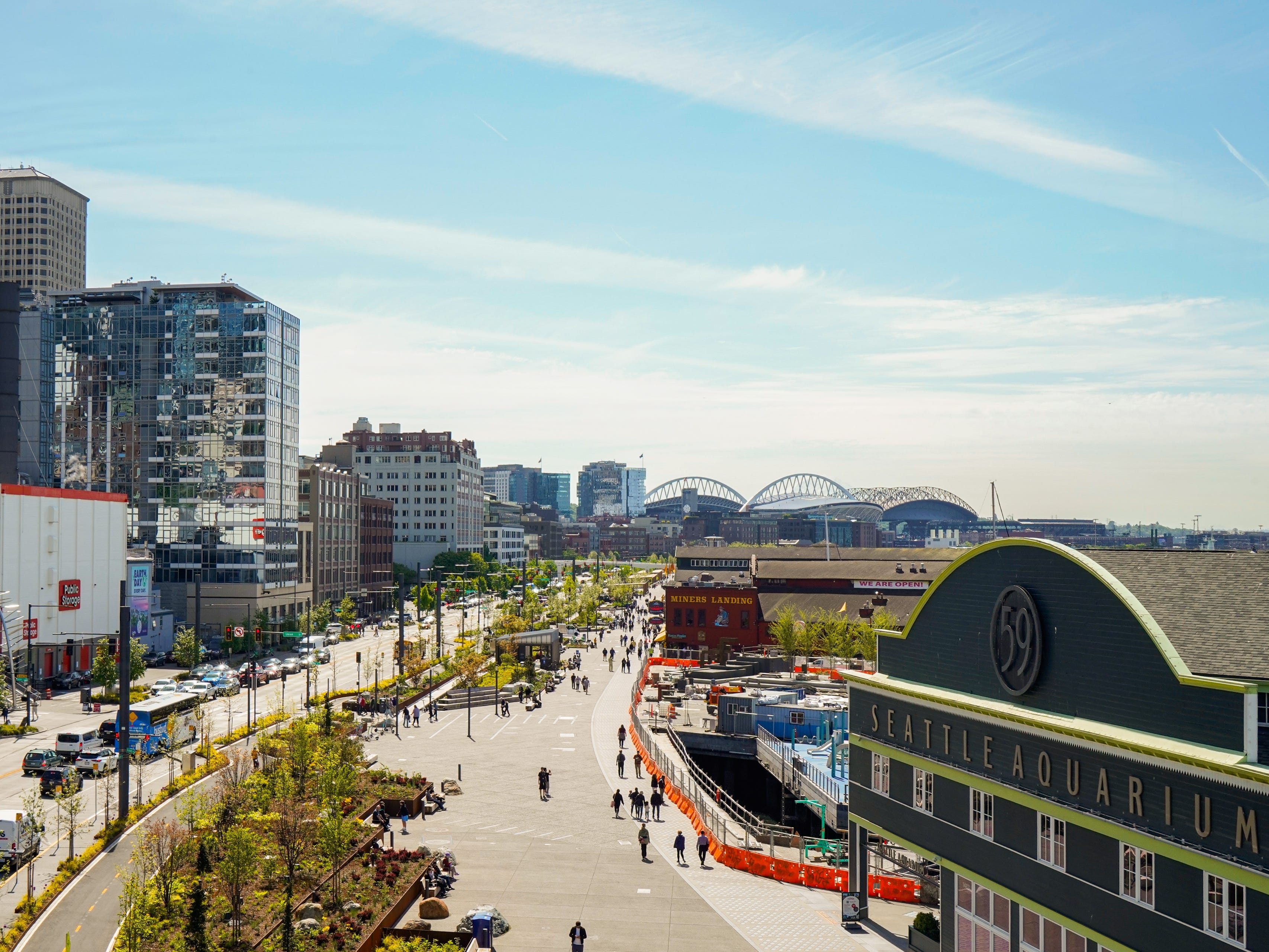 A wide aerial shot of Seattle's waterfront