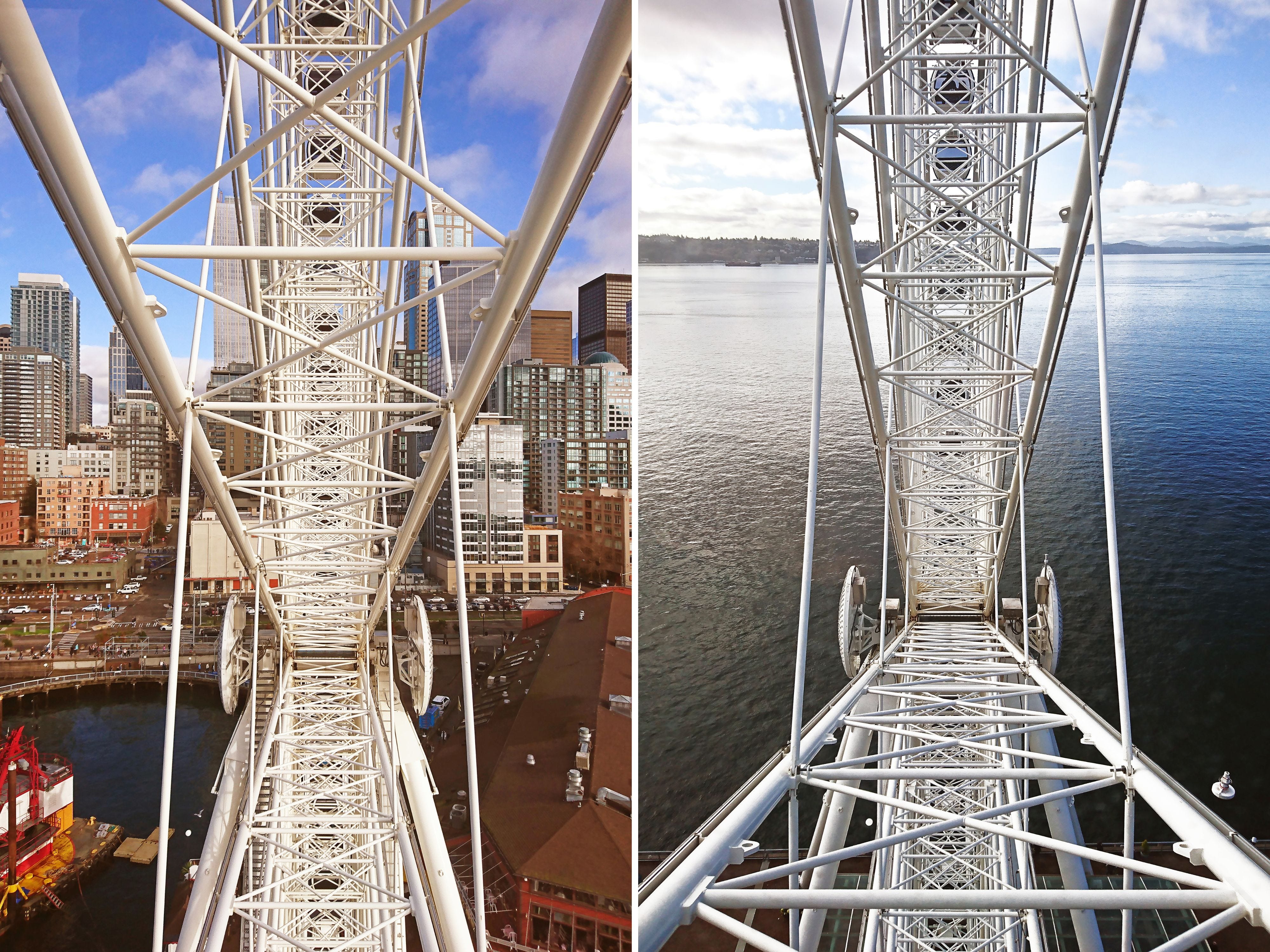 A composite image of a view of downtown Seattle and the water from inside cabins on the Seattle Great Wheel, a Ferris wheel.