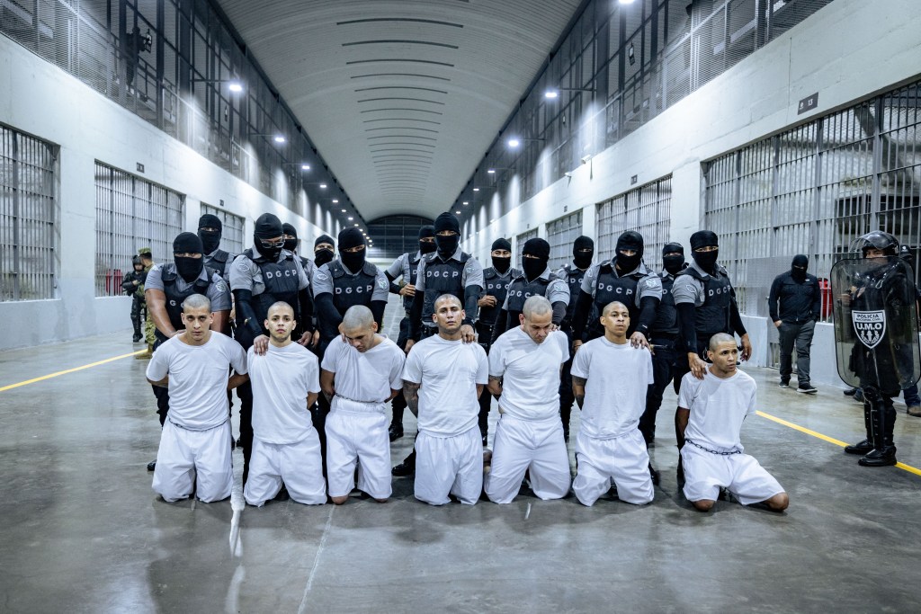 Handout photo of handcuffed gang members kneeling in a prison hallway, guarded by armed officers.