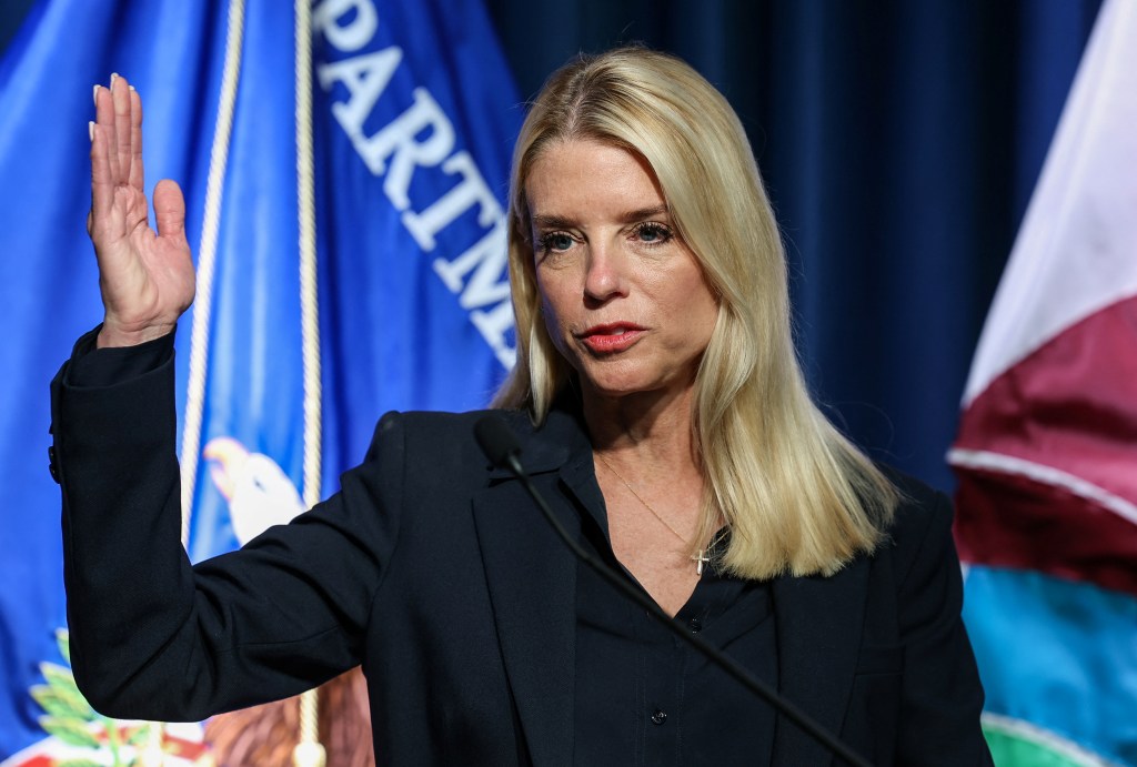 Pam Bondi at a press conference.