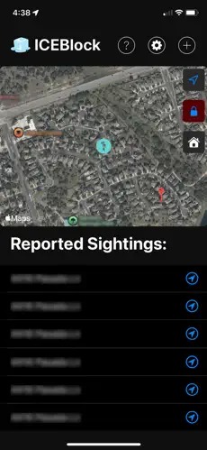 Screenshot of the ICEblock app showing a map with reported sightings.