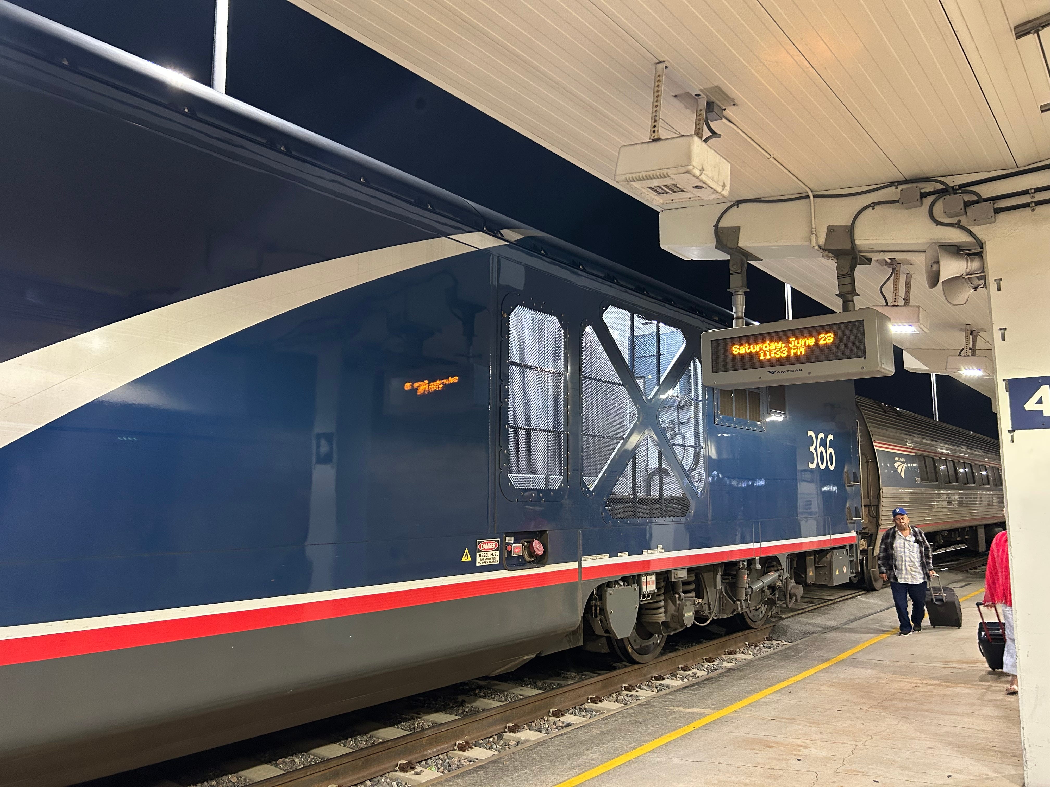 An Amtrak train at a station.