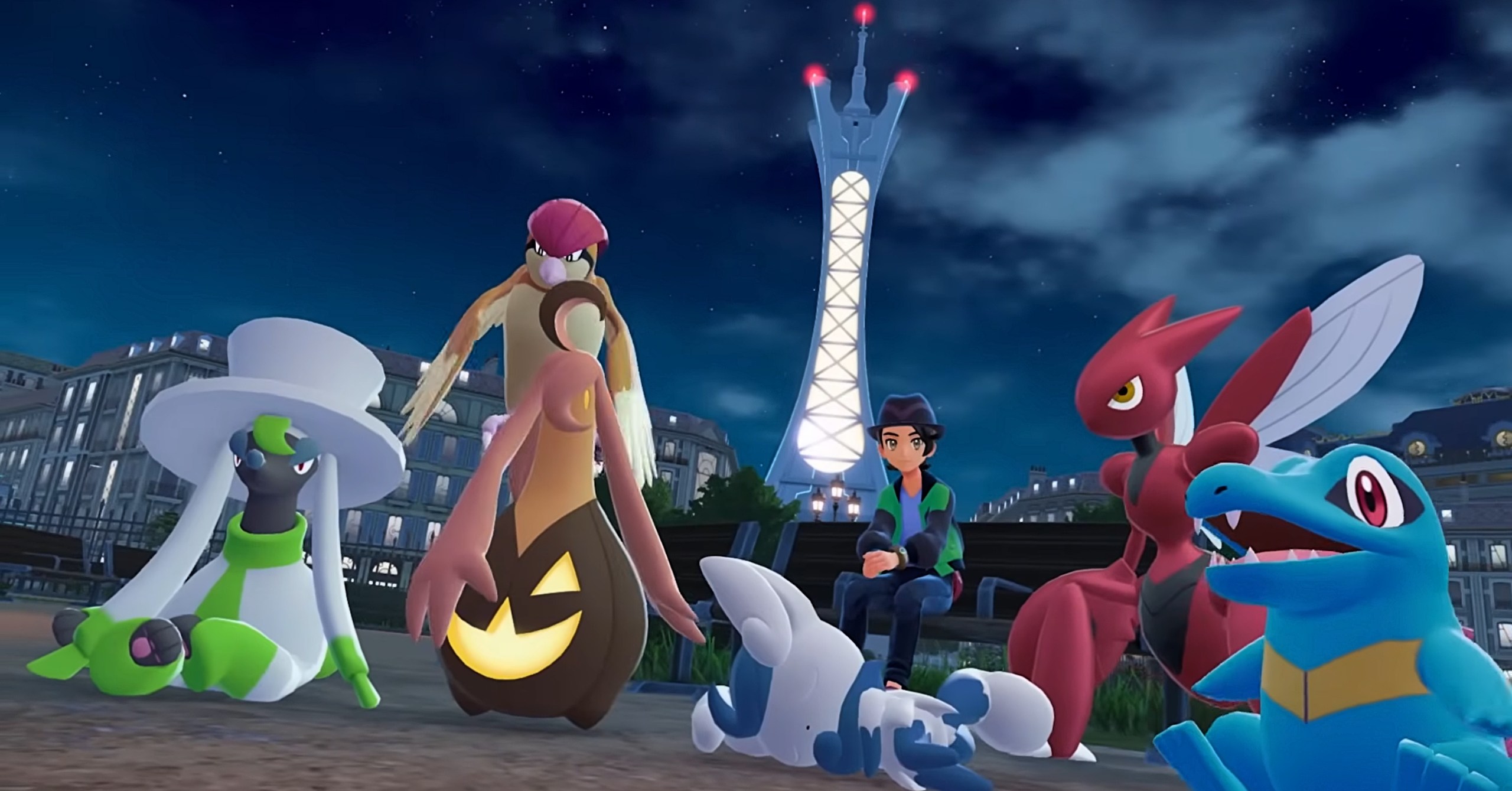A Pokemon trainer in Legends Z-A sitting on a bench with their Scizor, Furfrou, Totodile, Pidgeot, Gourgeist, and Meowstic