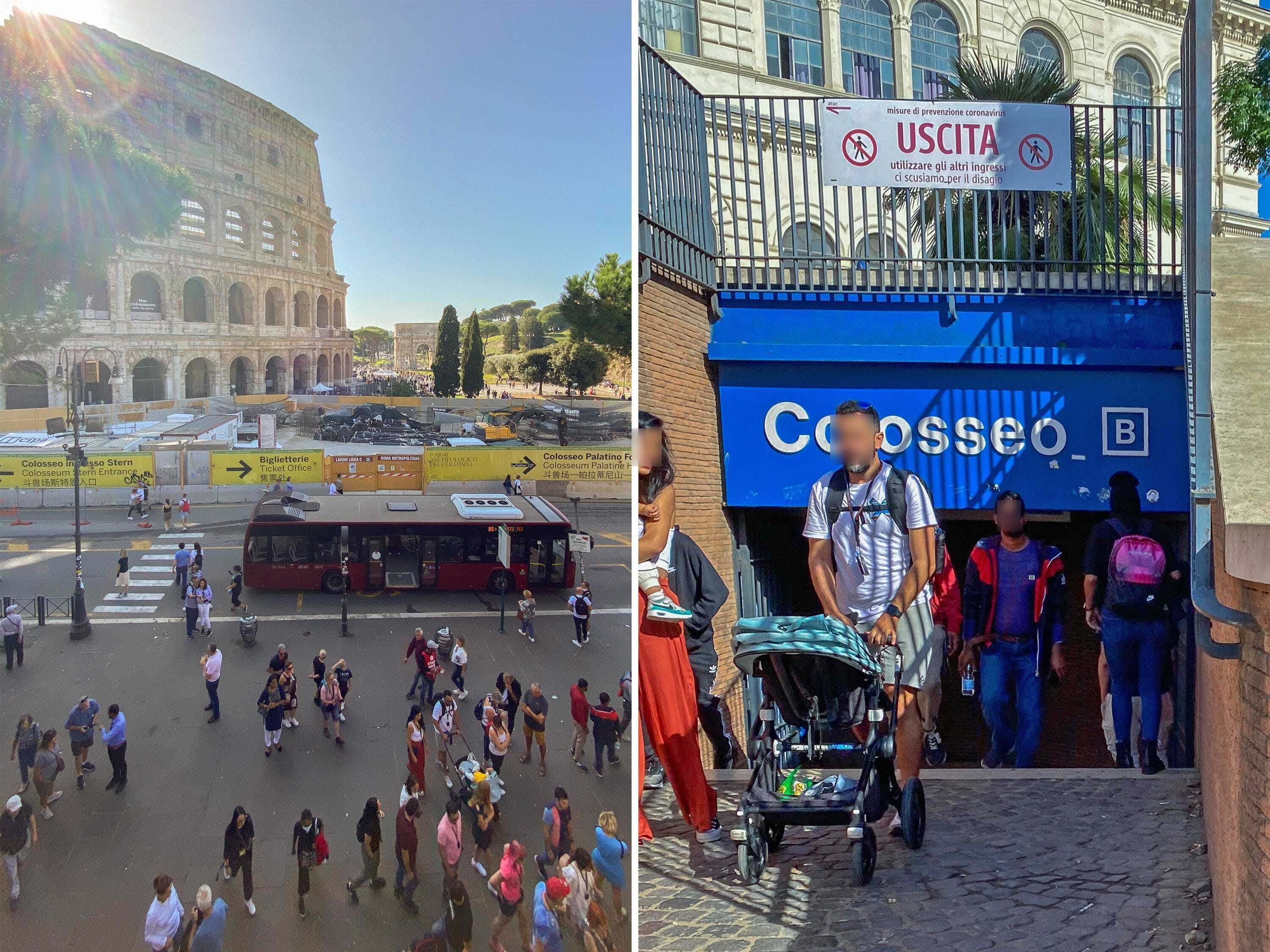 A composite image of crowds approaching the Colosseum in Rome