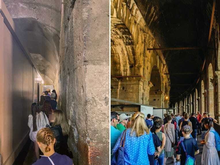 A composite image of a bathroom line and crowds at the Colosseum in Rome
