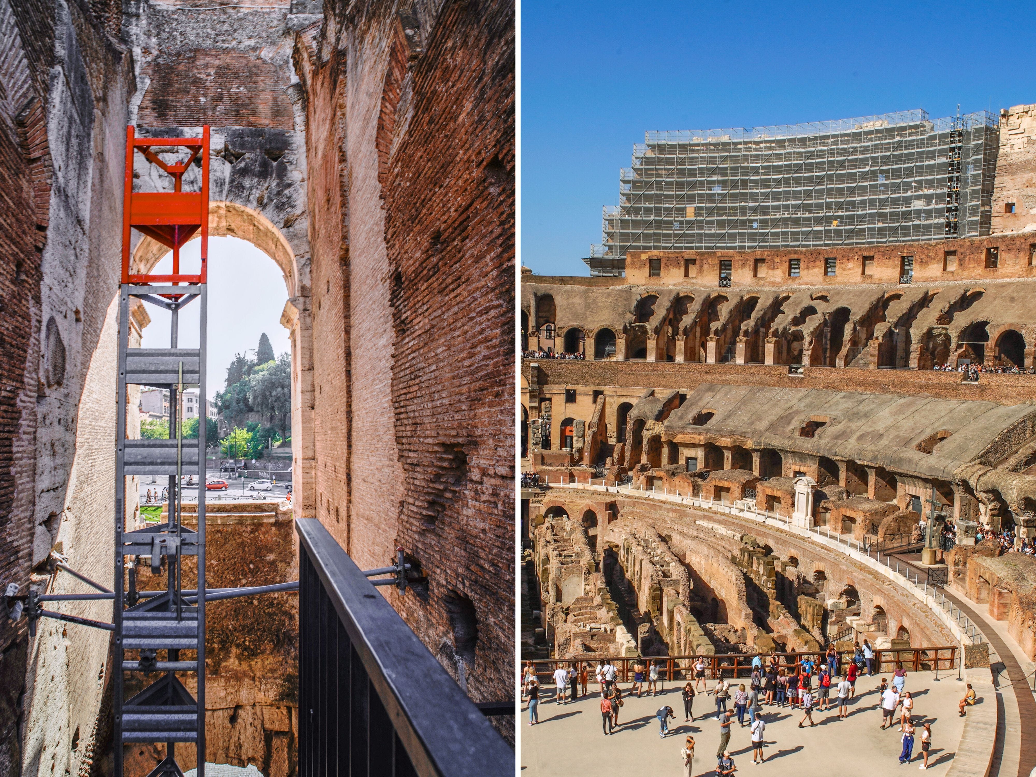 A composite image of a ladder and scaffolding at the Colosseum in Rome