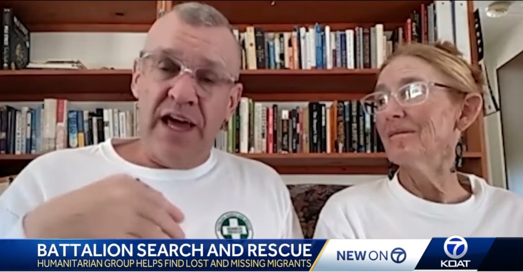 Screenshot of a news segment featuring Battalion Search and Rescue, a humanitarian group that helps find lost and missing migrants.