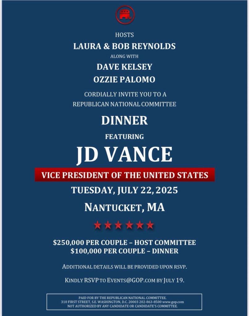 Invitation to a Republican National Committee dinner featuring JD Vance.