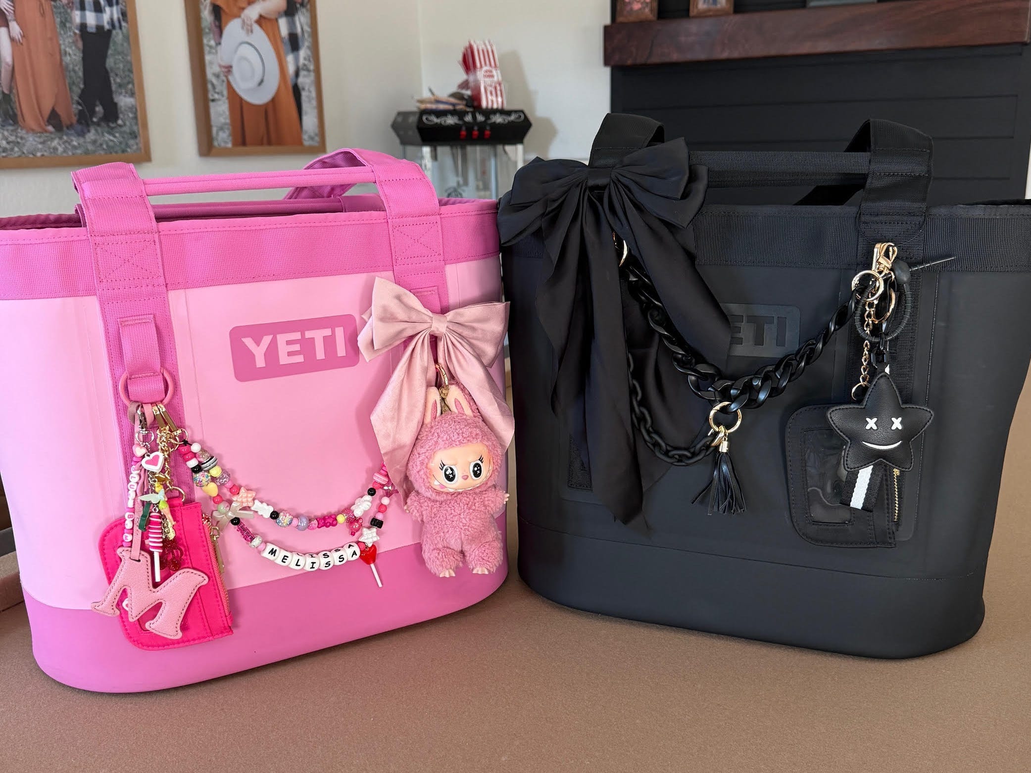 Melissa Navarette's Yeti Camino bags, with bag charms, chains, and even a Labubu.