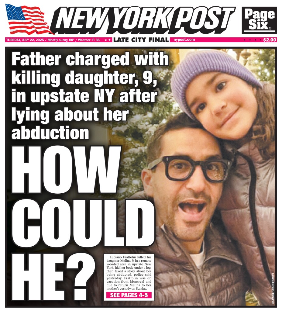 New York Post front page: Father charged with killing his 9-year-old daughter in upstate NY.