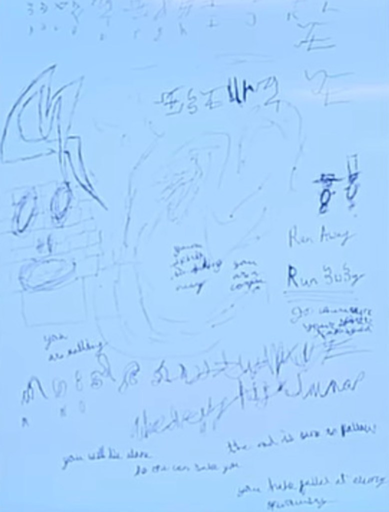Handwritten notes and drawings on blue paper.